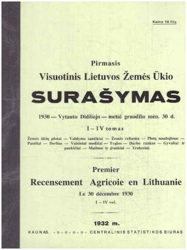 Pirmasis Visuotinis Lietuvos Žemės Ūkio surašymas (1,2,3,4 tomai vienoje knygoje). 1930 - Vytauto Didžiojo - metai gruodžio mėn. 30 d.